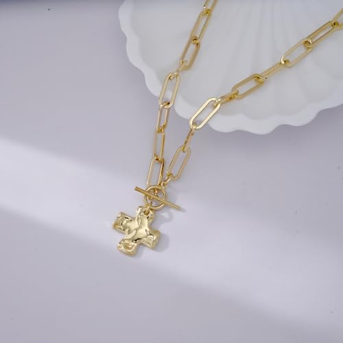Chunky Cross Necklace for Women Trendy 14K Gold Silver Plated Statement Big Cross Pendant Paperclip Chain Charm Necklaces Religious Faith Easter Basket Stuffers Baptism Costume Jewelry Gift - color: Gold-Toggle-0.8 inch pendant