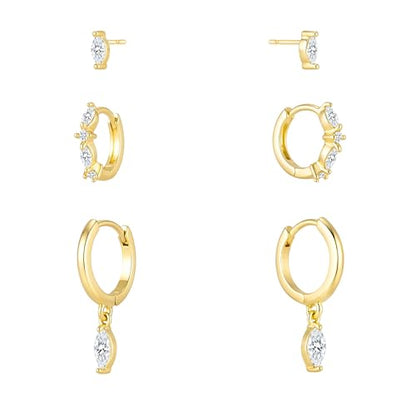 3 Pairs Earring Stacks, Gold Earring Set Jewelry Gift for Women | Small, 14K Gold/White Gold/Black/Rose Gold Plated, Hypoallergenic, Her, Everday, Stackable, Simple, 3 Holes - color: Gold-Marquise