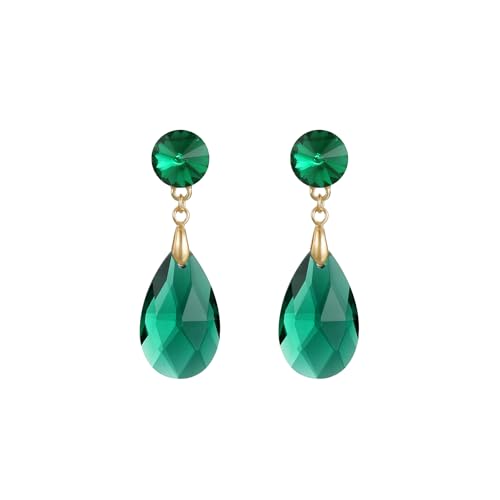 Round and Teardrop Crystal Stud Dangle Earrings Hypoallergenic Gold Plated Birthstone Drop Earrings Trendy Evening Prom Pageant Jewelry Gift for Women - color: emerald green