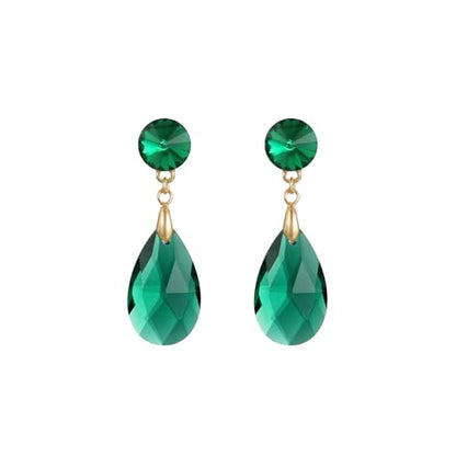 Round and Teardrop Crystal Stud Dangle Earrings Hypoallergenic Gold Plated Birthstone Drop Earrings Trendy Evening Prom Pageant Jewelry Gift for Women - color: emerald green