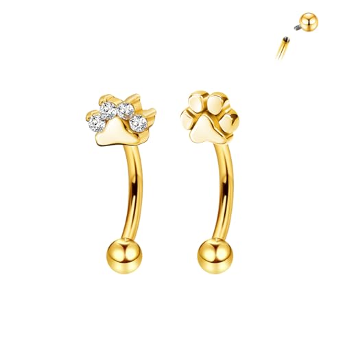 2Pcs Cat Paw Gold Eyebrow Rings Rook Piercing Jewelry 16G 6mm 8mm Threaded Cartilage Tragus Earrings 316L Stainless Steel Paw Prints Vertical Labret Lip Piercing Jewelry - color: Gold, size: 16 gauge(1.2mm)-6mm