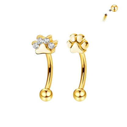 2Pcs Cat Paw Gold Eyebrow Rings Rook Piercing Jewelry 16G 6mm 8mm Threaded Cartilage Tragus Earrings 316L Stainless Steel Paw Prints Vertical Labret Lip Piercing Jewelry - color: Gold, size: 16 gauge(1.2mm)-8mm