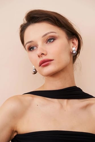 14mm Double Pearl Earring with 2 Crystal Accents, Gold or Silver Setting. Pierced or Clip - color: White & Gray