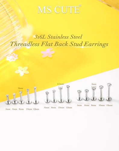 2Pcs Silver 20G/18G/16G Threadless Nose Stud Flat Back Earrings 316L Surgical Steel CZ Daity Nose Helix Cartilage Tragus Conch Labret Medusa Monroe Piercing Jewelry-Multiple Sizes & Gauges - size: 2PCS, 16g 5mm, 1.5mm CZ