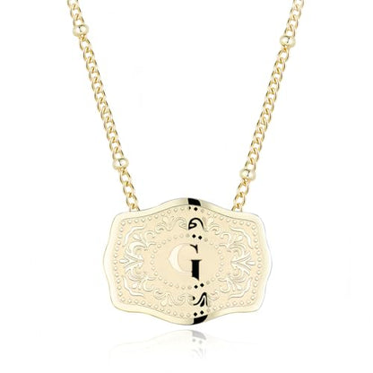 14K Gold-Plated Initial Necklace for Women, Western Belt Buckle Letter Pendant, Alphabet Necklace Includes 2 Chains, Cowgirl Jewelry Gift - color: G