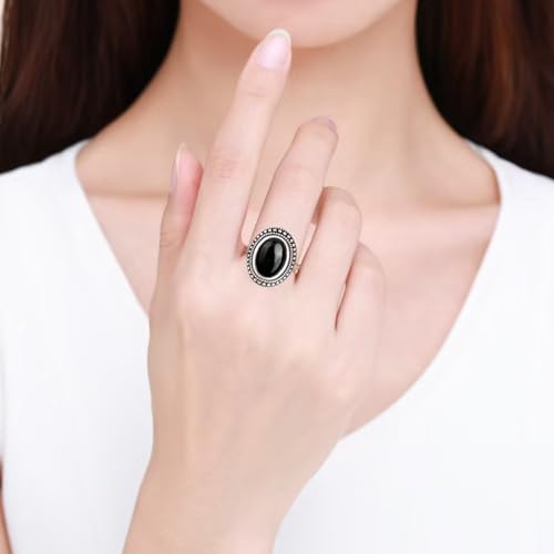 Natural Oval Stone Boho Ring,Retro Antique S925 Sterling Silver Crystal Quartz Gemstone Bohemian Statement Handmade Ring Jewelry for Women Her - color: B05_Black Agate