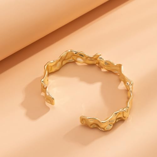 GIGB PBDK Chunky Cuff Bracelets for Women 14K Gold Minimalistic Hammered Cuff Bangle 12MM Wide Adjustable Textured Open Bangle Trendy Punk Jewelry Presents - color: Gold