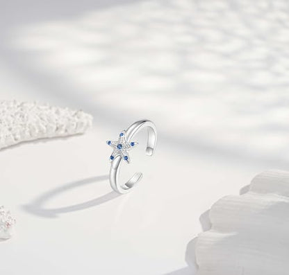 Step Forward 925 Sterling Silver Toe Rings for Women - Adjustable Infinity Daisy Starfish Butterfly Stylish Toe Ring Band for Woman - Summer Vacation Beach Boho Foot Jewelry Gifts - style: Starfish