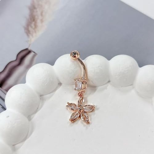 14G Crystal Flower Dangle Belly Button Ring for Women Stainless Steel Rhinestone Fashion Statement Lucky Floral Dangling Charm Curved Barbell Navel Rings Simple Sexy Summer Beach Body Piercing Jewelry - color: Rose Gold