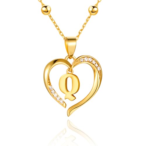 Cicy Bell Womens Heart Initial Necklace 18k Gold Plated | Personalized Letter Pendant, 17.7'' with 2'' Extender - color: Style 2-Q-Gold