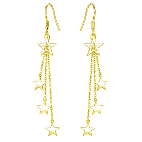 925 Sterling Silver Dangle Earrings with Charms Heart, Water drop, Moon, Star Long Drop Earring for Women Jewelry Gifts Hypoallergenic - color: star-gold