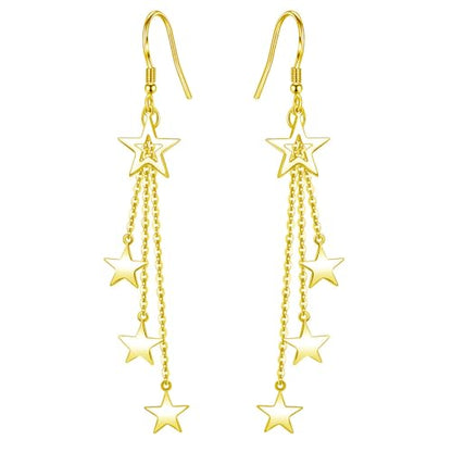 925 Sterling Silver Dangle Earrings with Charms Heart, Water drop, Moon, Star Long Drop Earring for Women Jewelry Gifts Hypoallergenic - color: star-gold