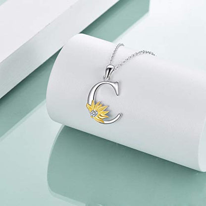 POPLYKE Initial Sunflower Necklace for Women 925 Sterling Sliver Sunflower Pendant Necklace Letter Initial Pendant Chain - style: Sunflower C