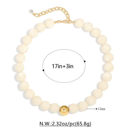 Chunky Beaded Necklace for Women Boho Statement Bead Necklace | Adjustable, Lightweight Choker, Round/Oval/Pebble Beads, Trendy Summer Beach Jewelry - color: White