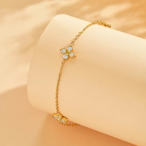 NONAMOIS 18K Gold Plated Diamond Ankle Bracelets for Women Waterproof Gold CZ Pearl Bow Link Chain Anklets Non Tarnish Summer Beach Foot Jewelry Gifts - color: CZ Clover-Gold