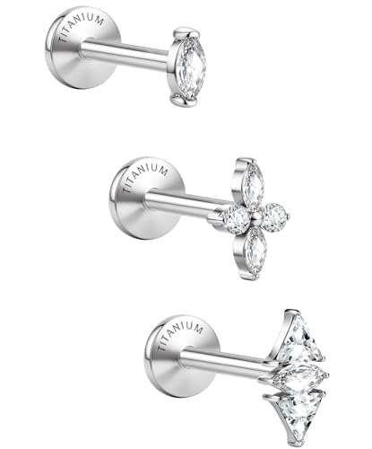 3 Pcs G23 Implant Grade Titanium Flat Back Earrings for Women Men | Hypoallergenic Internally Threaded 5A CZ Gold Flatback Stud, Tragus, Cartilage, Conch Piercing Jewelry for Sensitive Ears 18G - color: Silver 3