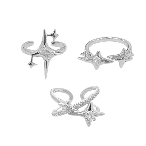 Y2k CZ Star Adjustable Open Stacking Rings for Women Men Vintage Punk Grunge Sparkling Crystal Cross Irregular Statement Stackable Finger Band Knuckle Rings Comfort Fit Fashion Jewelry 3Pcs Set