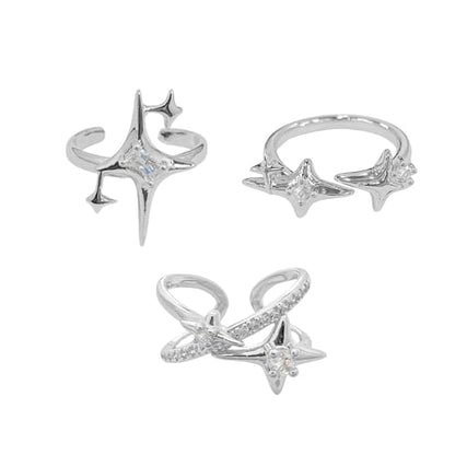 Y2k CZ Star Adjustable Open Stacking Rings for Women Men Vintage Punk Grunge Sparkling Crystal Cross Irregular Statement Stackable Finger Band Knuckle Rings Comfort Fit Fashion Jewelry 3Pcs Set