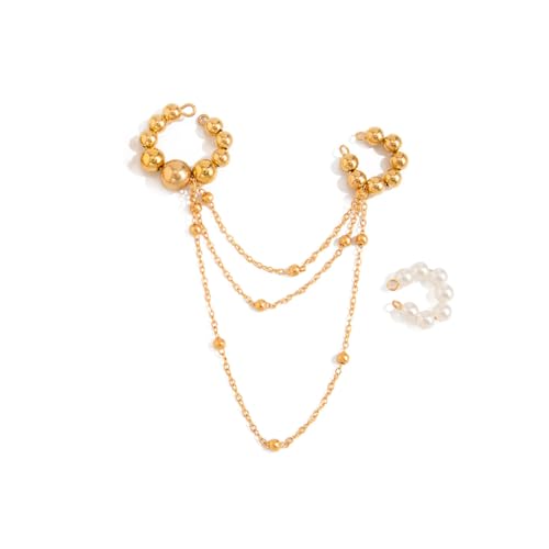 Multi Layer CCB Bead Chain Tassel Ear Cuff for Women Gold Tone Faux Pearl C Shaped Cartilage Clip On Huggie Earrings Lightweight Trendy Jewelry Gift