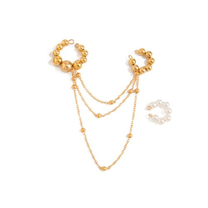 Multi Layer CCB Bead Chain Tassel Ear Cuff for Women Gold Tone Faux Pearl C Shaped Cartilage Clip On Huggie Earrings Lightweight Trendy Jewelry Gift