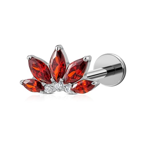 FINE4U 1PC ASTM F136 Titanium 16G Flatback Stud for Tragus, Helix, Conch 6mm 8mm - Screw on Cartilage Earring Piercing Jewelry - color: Flower CZ - Garnet - Tit