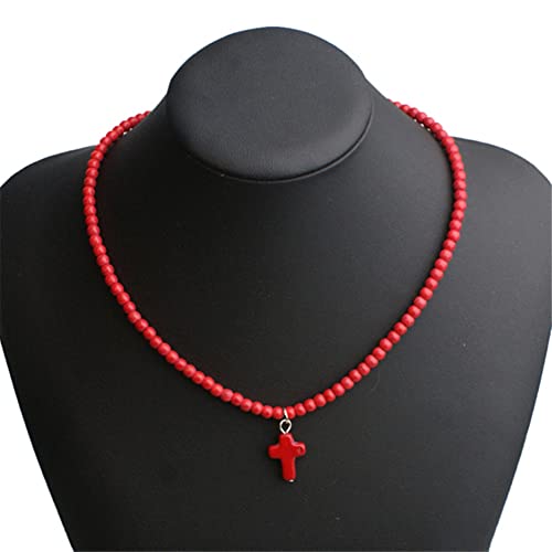 Small Dainty Cross Necklace Pendant Bohemian Turquoise Seed Bead Beaded Necklace Choker for Women Men Faith Jewelry Gift - color: 01 Red