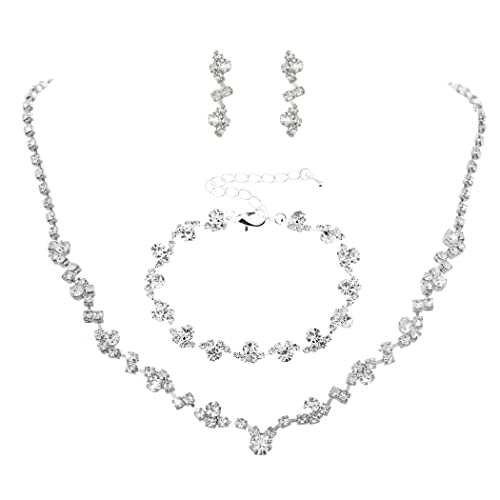 Unicra Bride Crystal Necklace Earrings Set Bridal Wedding Jewelry Sets Rhinestone Choker Necklace Costume Jewelry Set for Women and Brides - color: Silver Necklace Bracelet Earrings