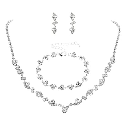 Unicra Bride Crystal Necklace Earrings Set Bridal Wedding Jewelry Sets Rhinestone Choker Necklace Costume Jewelry Set for Women and Brides - color: Silver Necklace Bracelet Earrings