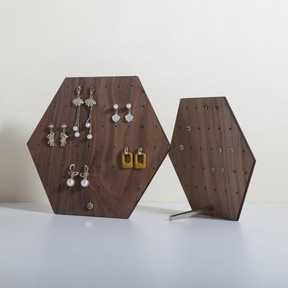 Hexagonal Earring Organizer stand, Walnut Plywood Jewelry Display Board for Hanging earring studs, Perfect for Storing and Showcasing Your Jewelry Collection【Set of Two Size】