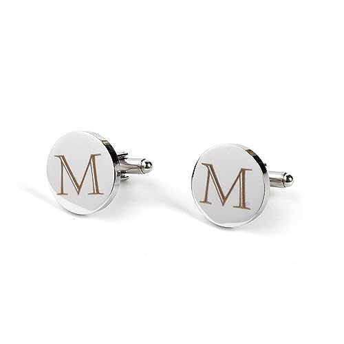 Mens Initial Silver Cufflinks A-Z Alphabet Letter Steel Cuff Links with Engraved Walnut Wood Box Groom Groomsman Wedding Set… - style: M