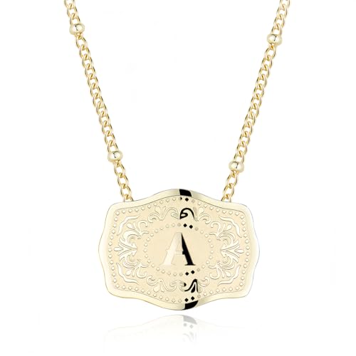 14K Gold-Plated Initial Necklace for Women, Western Belt Buckle Letter Pendant, Alphabet Necklace Includes 2 Chains, Cowgirl Jewelry Gift - color: A