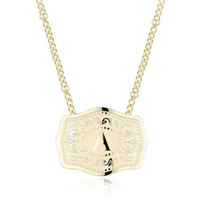14K Gold-Plated Initial Necklace for Women, Western Belt Buckle Letter Pendant, Alphabet Necklace Includes 2 Chains, Cowgirl Jewelry Gift - color: A