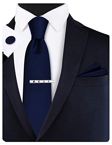 GUSLESON New 3.15"（8cm） Solid Color Necktie and Pocket Square Cufflinks Clip Set - color: Navy Blue