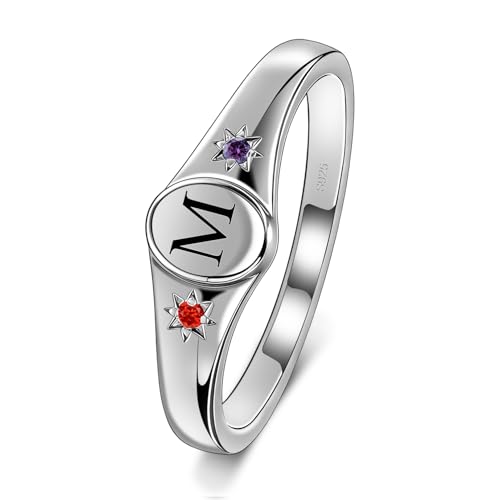S925 Sterling Silver Personalized Initial Signet Ring Customized Letter With Birthstones Band Engraved Stacking Rings for Mother Daughter Wife Birthday Wedding Engagement Promise Ring - color: Style 1