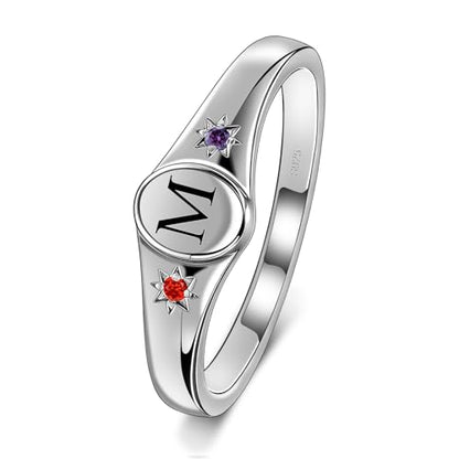 S925 Sterling Silver Personalized Initial Signet Ring Customized Letter With Birthstones Band Engraved Stacking Rings for Mother Daughter Wife Birthday Wedding Engagement Promise Ring - color: Style 1
