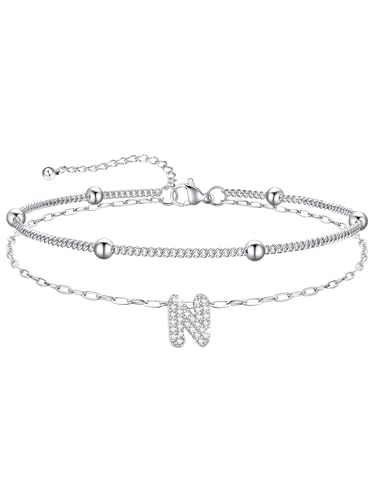 U7 Initial Ankle Bracelets for Women Silver/Gold Anklets Waterproof, 14K Gold Plated Layered Anklets Bracelet Stainless Steel Hypoallergenic 8.5"-10.5" - color: Silver-CZ, size: N
