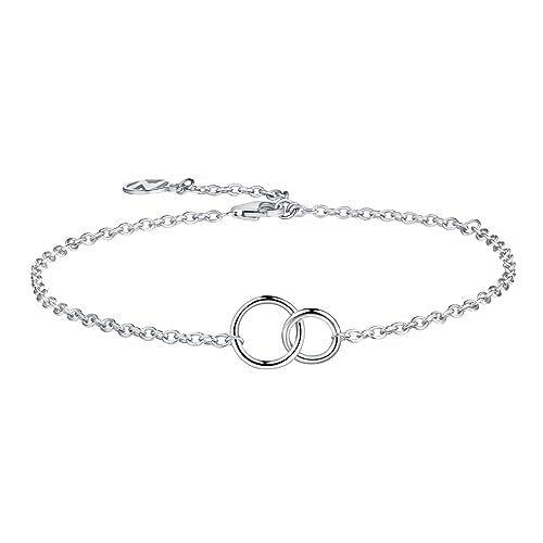 Solid 925 Sterling Silver Bracelets for Women, Dainty Interlocking Circles Cubic Zirconia Adjustable Chain Bracelet, Trendy Stackable Link Bracelets, Simple Cute Jewelry Gifts - color: Silver Interlocking Circles
