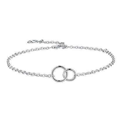 Solid 925 Sterling Silver Bracelets for Women, Dainty Interlocking Circles Cubic Zirconia Adjustable Chain Bracelet, Trendy Stackable Link Bracelets, Simple Cute Jewelry Gifts - color: Silver Interlocking Circles