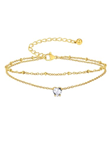 Suplight Gold Plated Butterfly Anklets for Women Waterproof, Layered Boho Ankle Bracelet with Birthstone, Stainless Steel Adjustable Non-Tarnish Heart Foot Jewelry Beach Vacation - color: 04. Heart-Apr. Clear Quartz