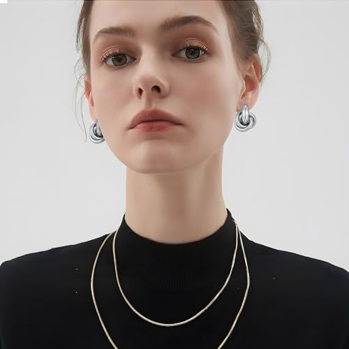 Gold Geometric Drop Dangle Earrings for Women Chunky Trendy Knot Stud Small Twisted Link Earring Jewelry Gift - color: A-Small Flower-Silver