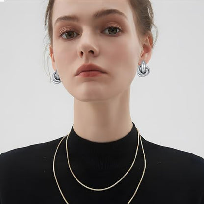 Gold Geometric Drop Dangle Earrings for Women Chunky Trendy Knot Stud Small Twisted Link Earring Jewelry Gift - color: A-Small Flower-Silver