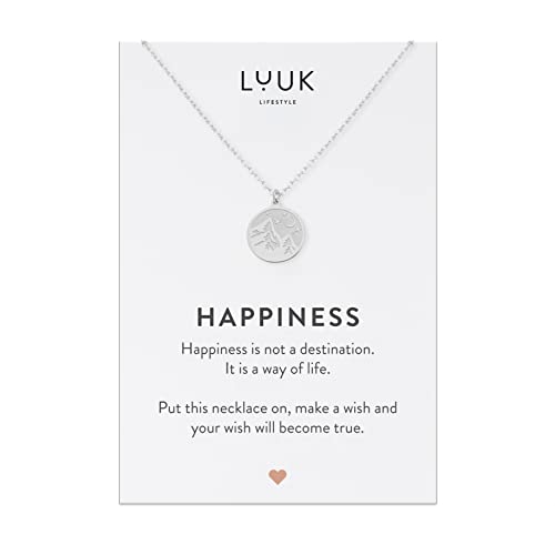 LUUK LIFESTYLE Stainless steel necklace with pendant and HAPPINESS card, 20” adjustable length, lucky charm, friendship chain, Valentine's Day gift, birthday, women's jewelry, silver, gold, rosegold - color: Silver, size: Mountain