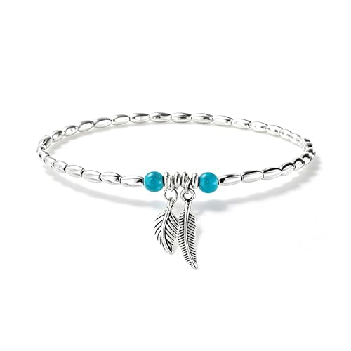 2 Pcs Natural Stone Beaded Anklets For Women Starfish Turquoise Beaded Layered Anklet Set Boho Feather Stretch Ankle Bracelets Adjustable Summer Beach Jewelry Gifts - color: Boho-Feather