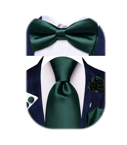 Hi-Tie 5Pcs Mens Solid Color Silk Tie Satin Pretied Bowtie Lapel Pin for Men Handkerchief Cufflink Wedding Gift Box - color: Dark Green