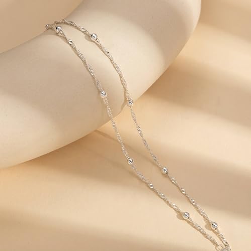 Freekiss Sparkle Glitter Waterproof Ankle Bracelets for Women Trendy | Dainty Layered Anklet for Women Adjustable Womens Anklet Set Stackable Beaded Cuban Link Anklets Beach Jewelry for Women - color: Single Lobster Layered Bead-SL