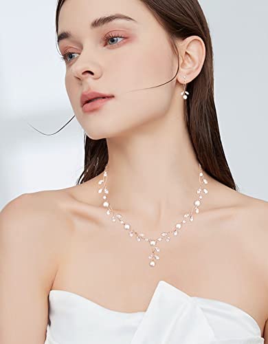 Luxury Cubic Zirconia Aurtrian Crystal Pearl Floral Necklace Dangle Earrings Wedding Bridal Jewelry Set Birthday Gifts for Her - color: Style2-Clear-Rose Gold Plated