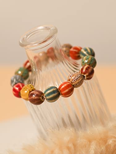 Boho Hippie Colorful Ceramic Beads Strand Stretch Bracelet, Bohemian Summer Beach Jewelry Gift for Women - color: S04