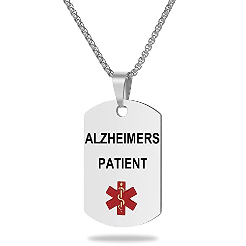 Medical Alert ID Necklace, Laser Engraved ALZHEIMERS PATIENT, Stainless Steel Tag Pendant with 23.6 inch Chain for Men Women Emergency First Aid - color: Silver, size: ALZHEIMERS PATIENT