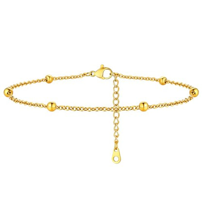 ChainsHouse Ankle Bracelets for Women, Stainless Steel Beaded Chain Ankle Bracelet, Womens Heart Anklets for Summer Beach Jewelry Gifts - color: J: bead-3.5mm-gold plated
