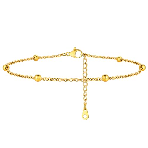 ChainsHouse Ankle Bracelets for Women, Stainless Steel Beaded Chain Ankle Bracelet, Womens Heart Anklets for Summer Beach Jewelry Gifts - color: J: bead-3.5mm-gold plated